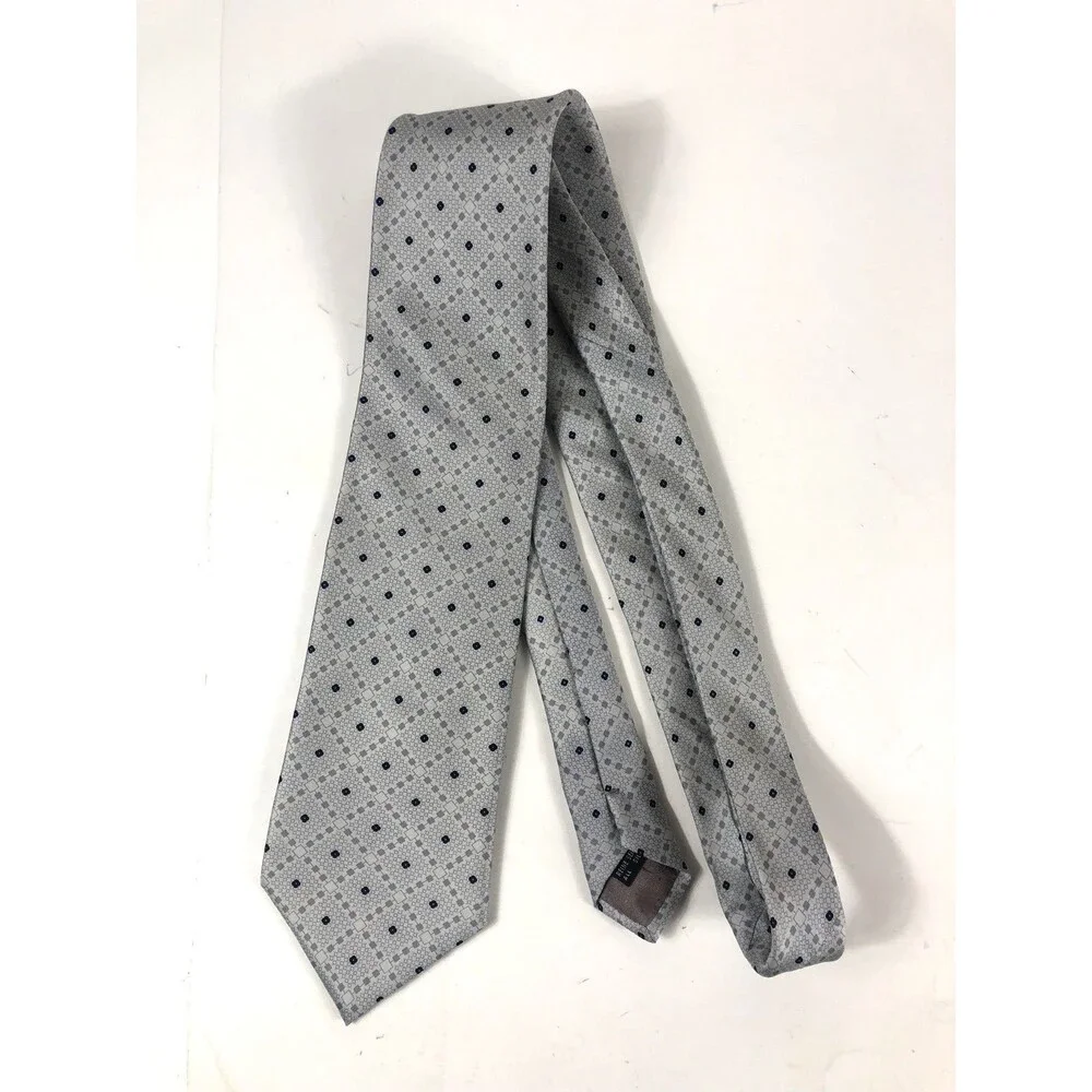 Barton MODA Pure Silk Tie Handmade in Italy Gray Geometric Pattern Navy Blue Dot